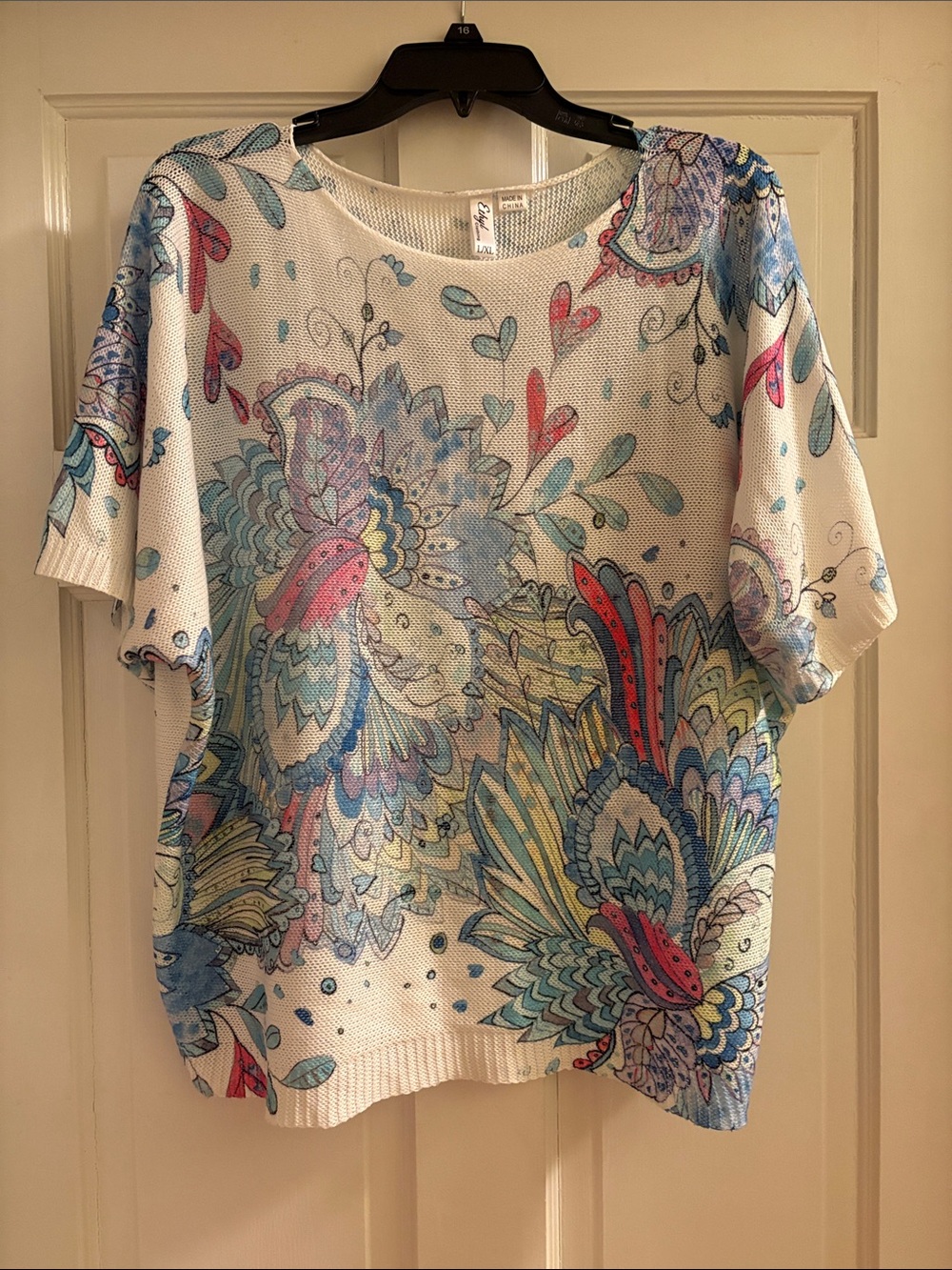 White Floral-Print Short Sleeve Knit Top with Blue & Coral Accents